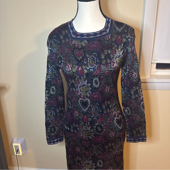 Vintage 80s Missoni Orange Label xs Kaleidoscope Hearts Tapestry Knit dress - Picture 1 of 8